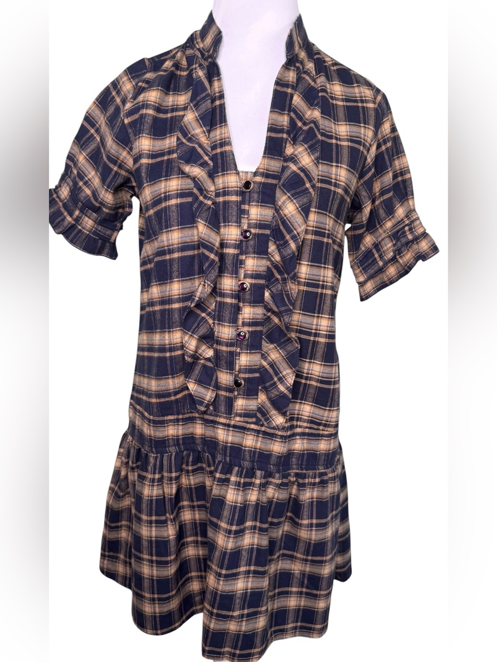Angie Plaid Drop Waist Mini Dress Ruffle Trim Button Front Size Medium